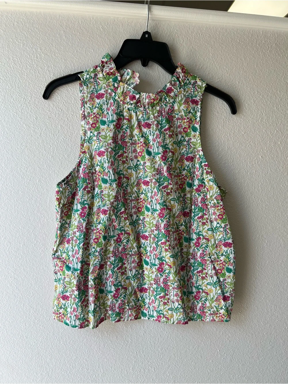 J Crew Sleeveless Floral Ruffle Neck Top - Pink & Green
